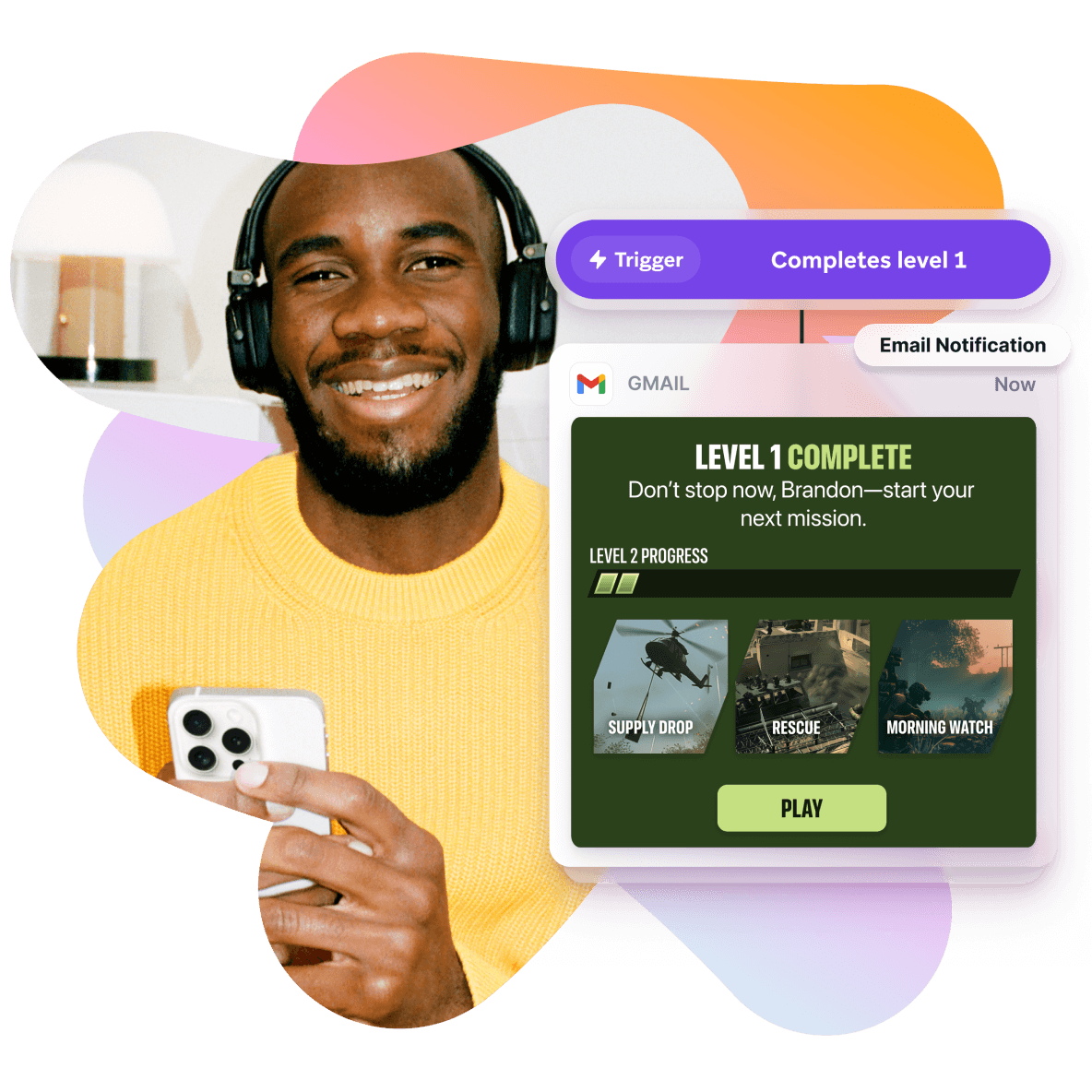 a man wearing headphones is holding a cell phone next to a screen that says level 1 complete