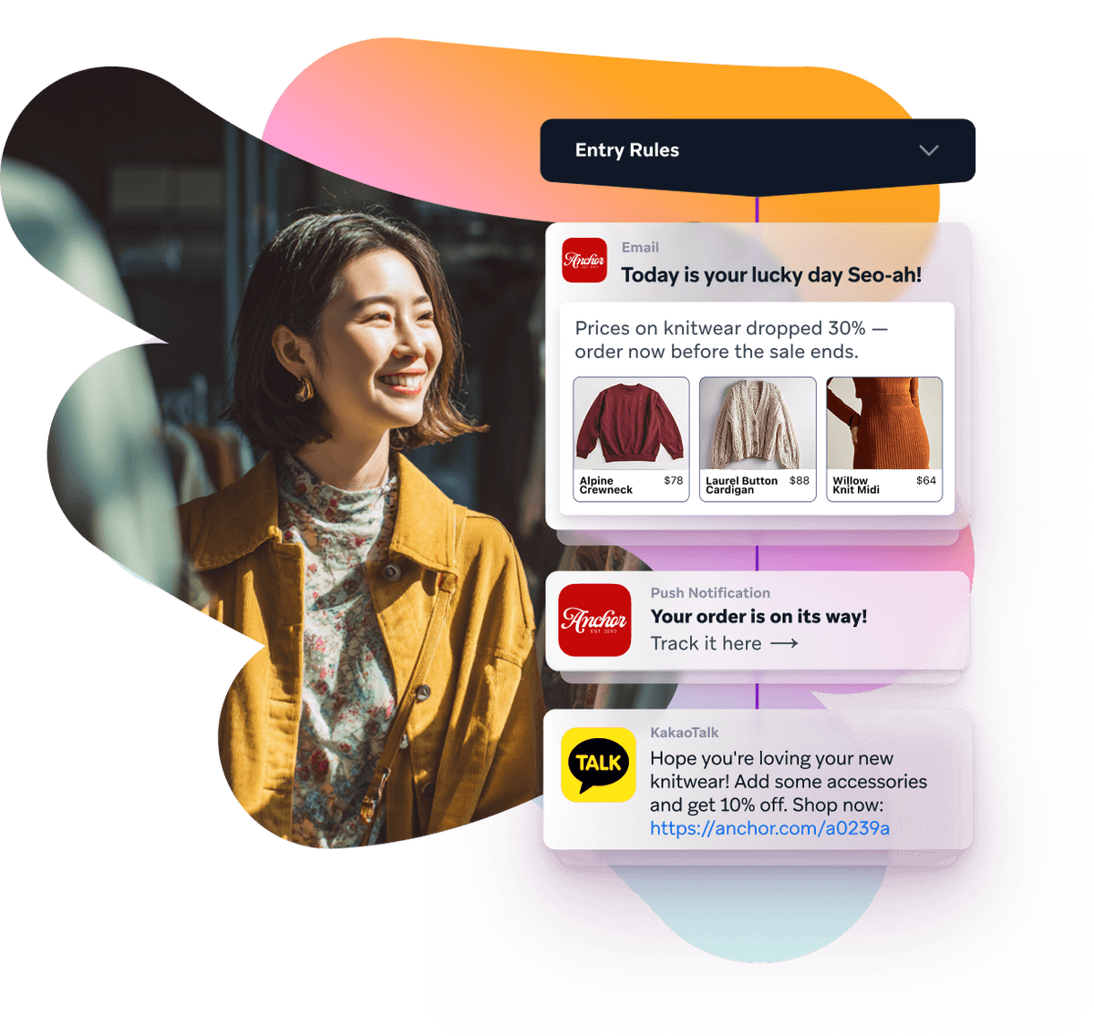 Smiling woman looking at shopping notifications for sales, order updates, and discounts.