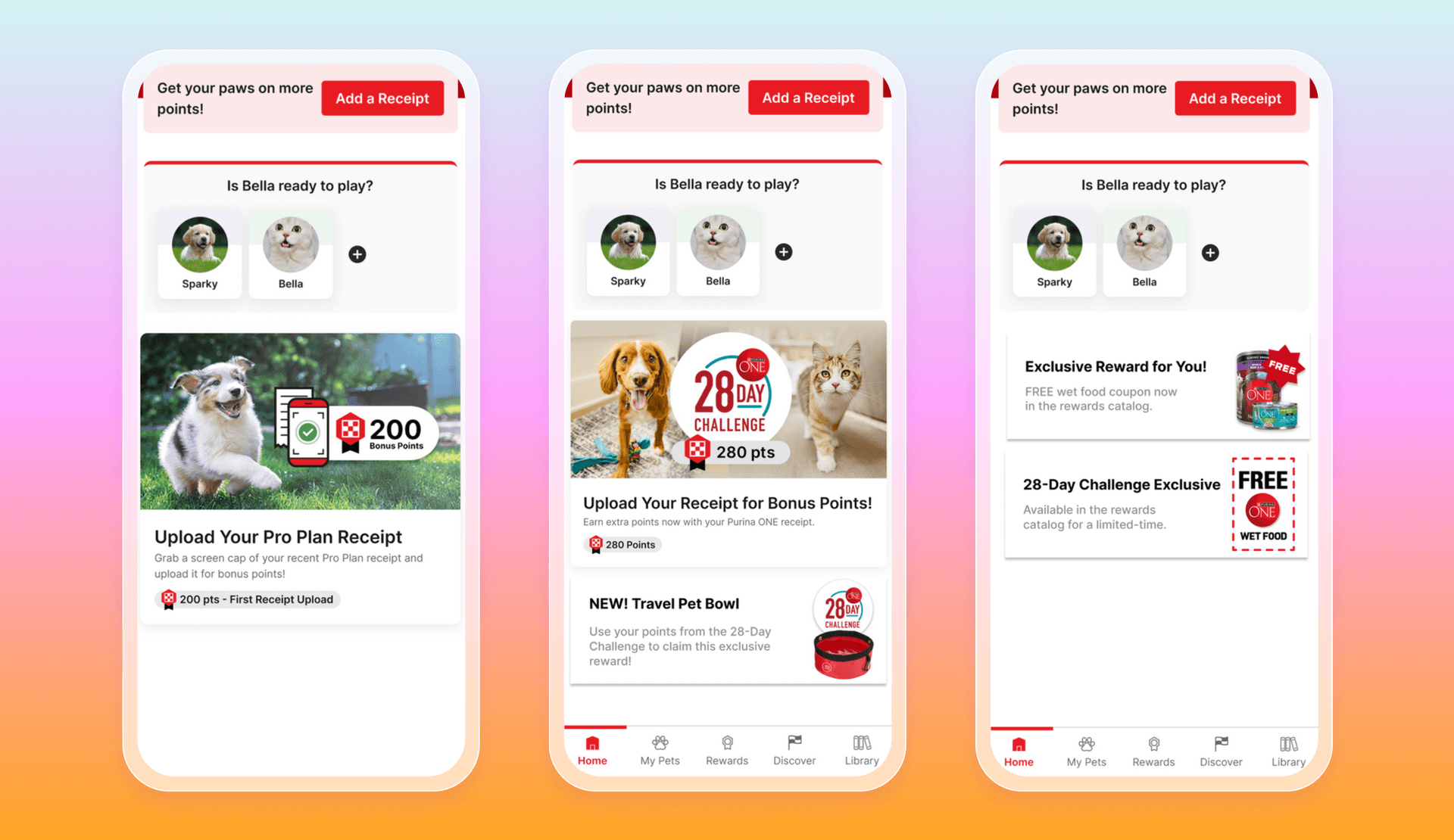 three screenshots of a pet app with a dog and a cat