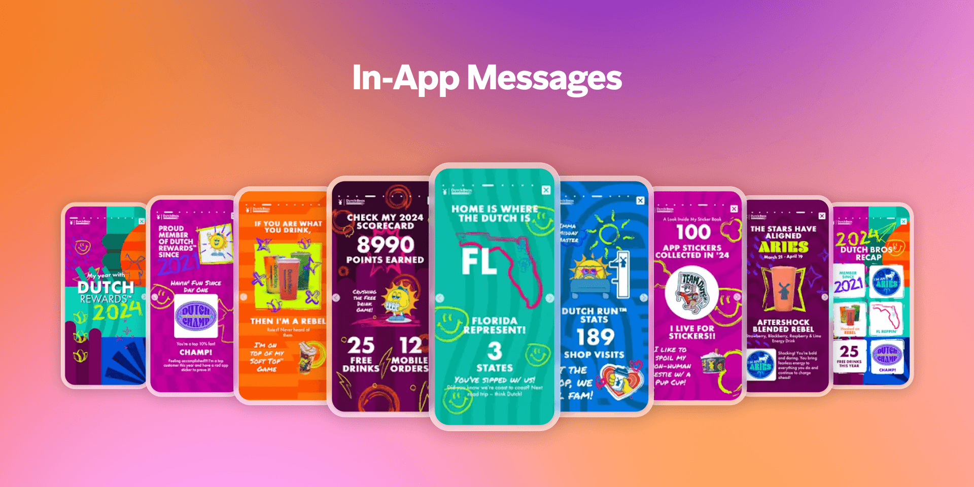 A lineup of smartphones displaying various colorful in-app messages for a loyalty program.