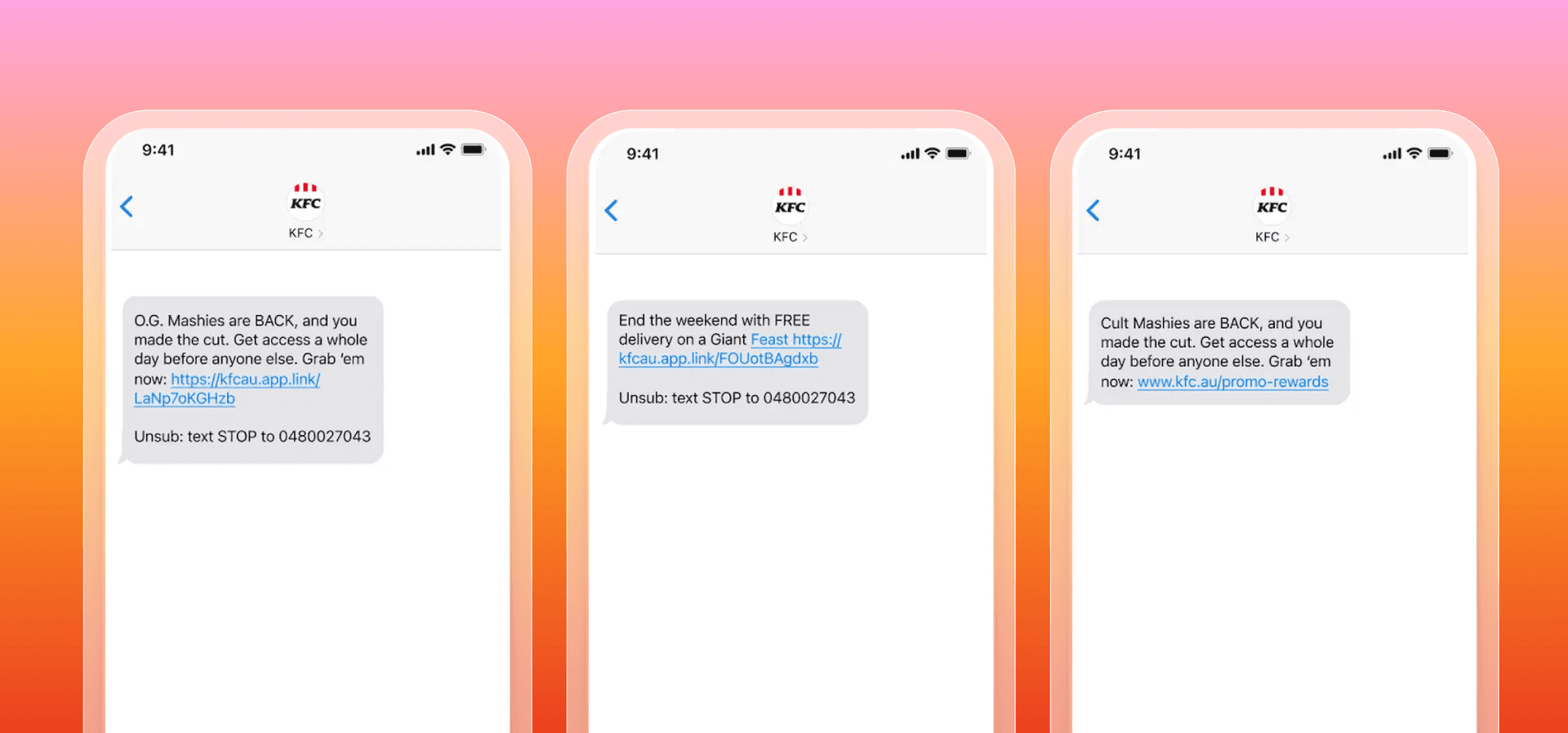 three sms messages from kfc