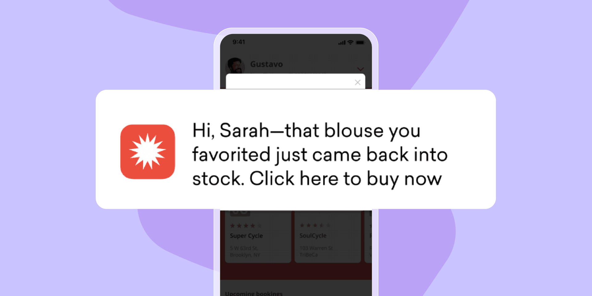 A push notification telling Sarah, the user, that a blouse they favorited is now back in stock