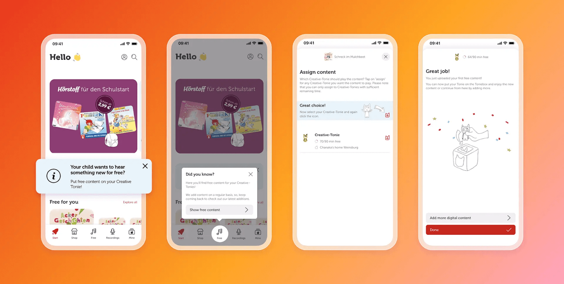 Four smartphone screens demonstrating an app flow for assigning digital content to a Creative Tonie figure.
