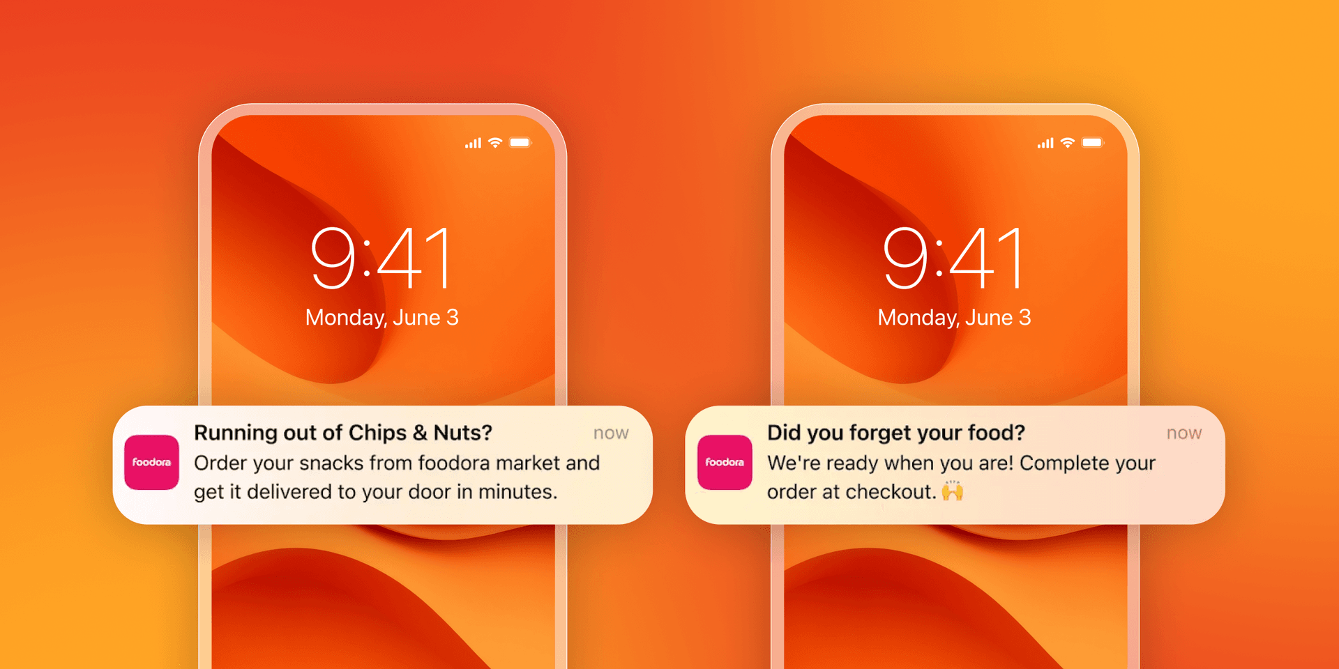 Two iPhone lock screens display Foodora app notifications: "Running out of Chips & Nuts?" and "Did you forget your food?".
