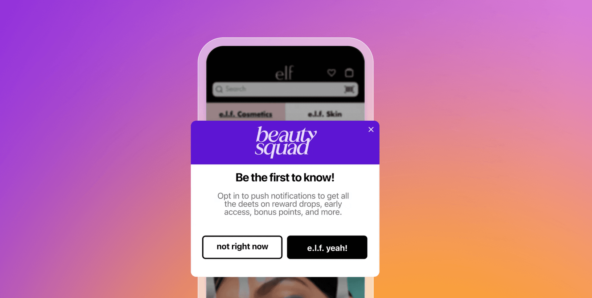 A mobile phone displaying the ELF Cosmetics app with a "Beauty Squad" pop-up prompting users to opt-in for notifications.