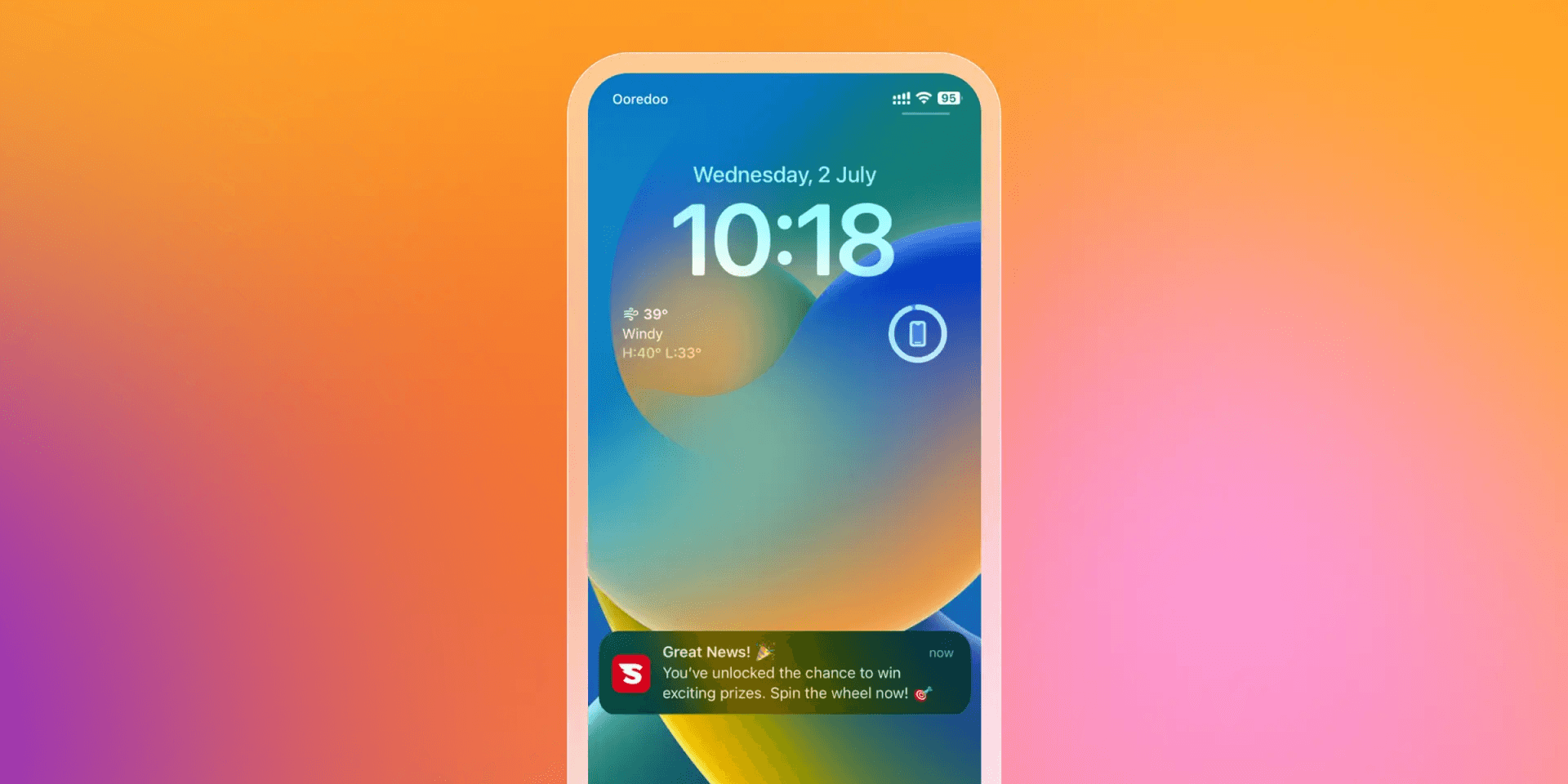 An iPhone lock screen displays a "Great News!" notification about winning prizes, set against a vibrant orange and pink gradient background.