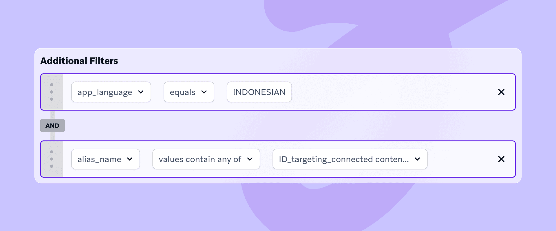 a screen showing additional filters including app language and indonesian