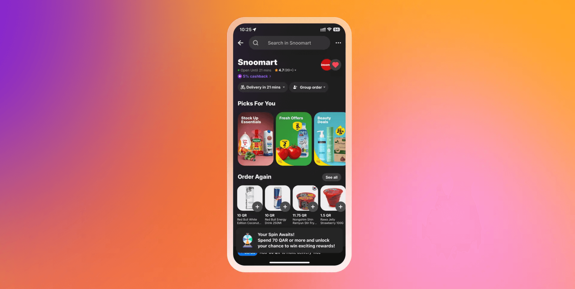 A mobile phone showing the Snoomart shopping app against a colorful gradient background.