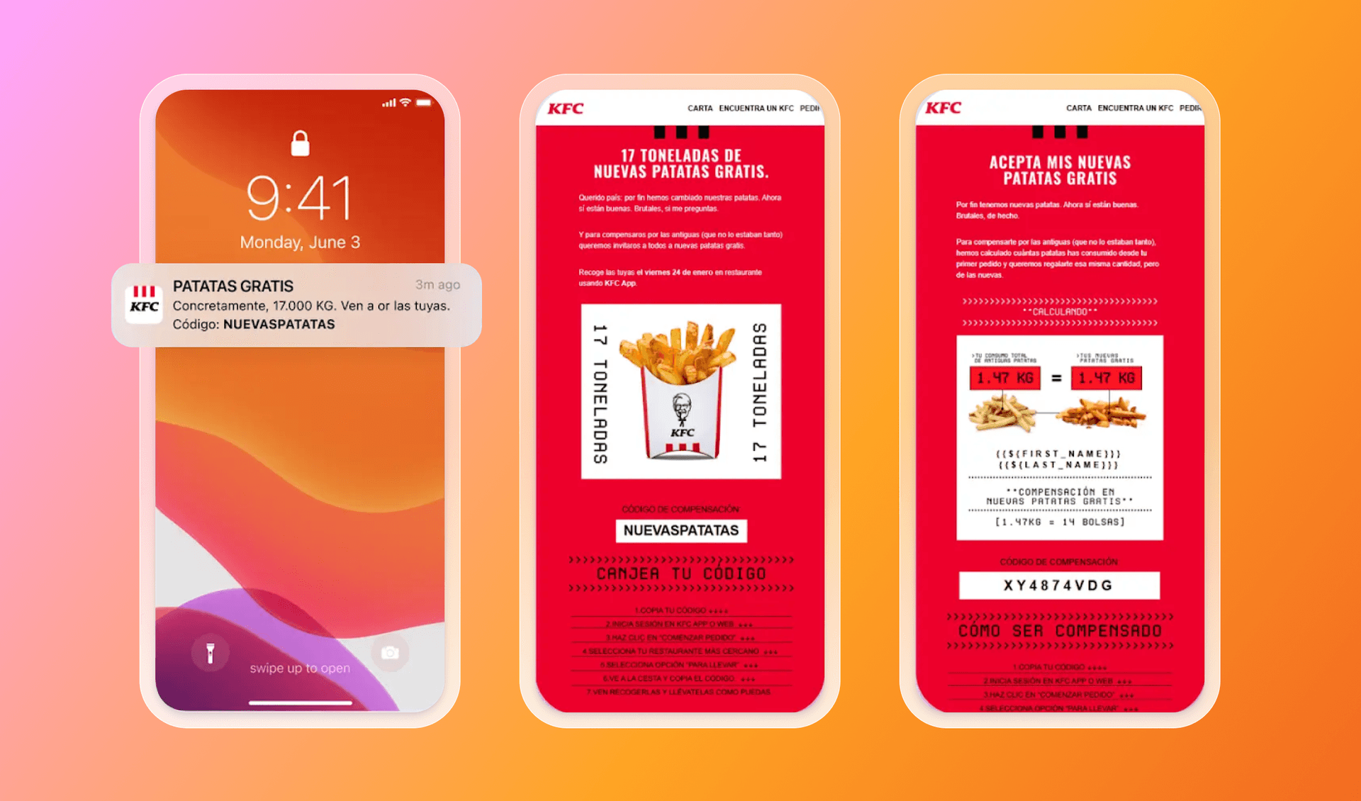 Three phone screens displaying a KFC "free potatoes" promotion, including a notification, an offer for "17 tons of new free potatoes," and redemption codes.
