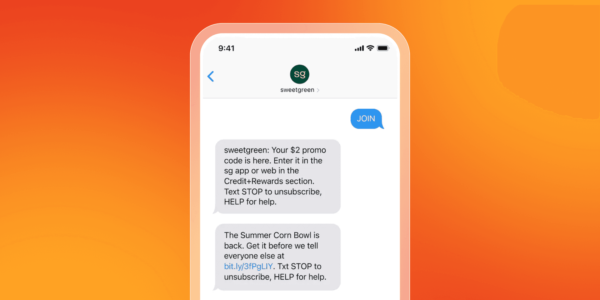 text messages from sweetgreen about promo codes